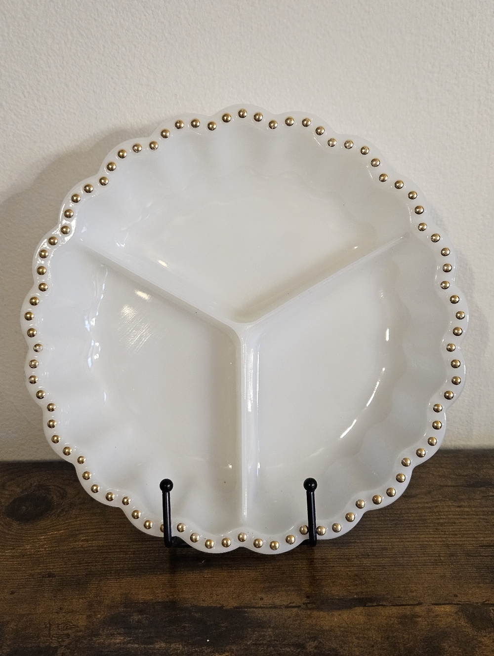 Anchor Hocking White Hobnail Sectioned Serving Platter with Gold Beaded Rim